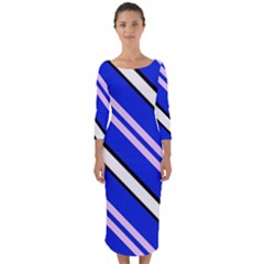 Diagonal Stripes On Blue Quarter Sleeve Midi Bodycon Dress by FunDressesShop