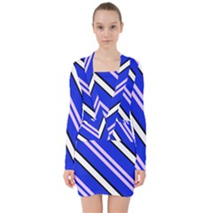 Diagonal Stripes On Blue V-neck Bodycon Long Sleeve Dress by FunDressesShop