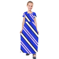 Diagonal Stripes On Blue Kids  Short Sleeve Maxi Dress by FunDressesShop