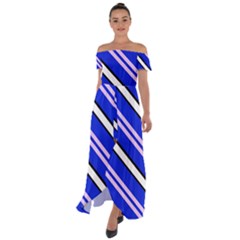 Diagonal Stripes On Blue Off Shoulder Open Front Chiffon Dress by FunDressesShop