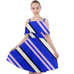 Diagonal Stripes On Blue Cut Out Shoulders Chiffon Dress