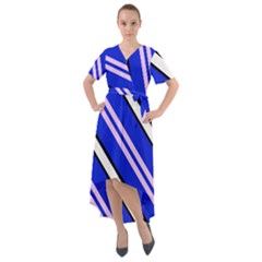 Diagonal Stripes On Blue Front Wrap High Low Dress by FunDressesShop