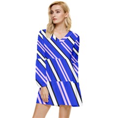 Diagonal Stripes On Blue Tiered Long Sleeve Mini Dress by FunDressesShop