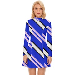 Diagonal Stripes On Blue Long Sleeve Velour Longline Dress