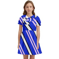 Diagonal Stripes On Blue Kids  Bow Tie Puff Sleeve Dress