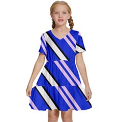 Diagonal Stripes On Blue Kids  Short Sleeve Tiered Mini Dress