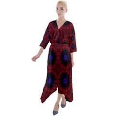 Blue And Red Tie Dye Quarter Sleeve Wrap Front Maxi Dress by FunDressesShop