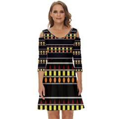 Tribal Shapes Black Shoulder Cut Out Zip Up Dress