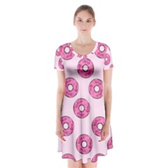 Sprinkled Donuts On Pink Short Sleeve V-neck Flare Dress by FunDressesShop