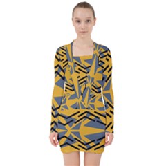 Abstract Pattern Geometric Backgrounds V-neck Bodycon Long Sleeve Dress by Eskimos