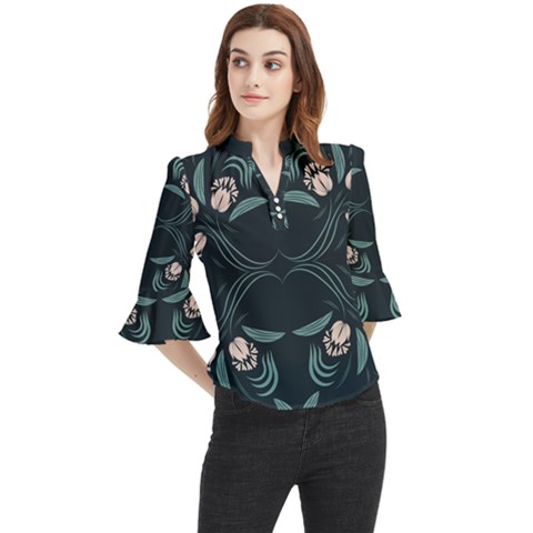 Folk Flowers Floral Art Print Flowers Abstract Art  Loose Horn Sleeve Chiffon Blouse by Eskimos