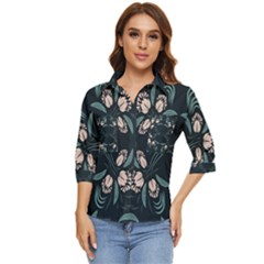 Folk Flowers Floral Art Print Flowers Abstract Art  Women s Quarter Sleeve Pocket Shirt