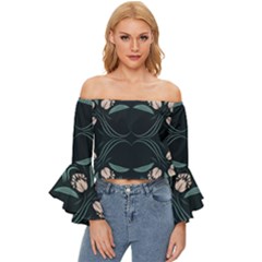 Folk Flowers Floral Art Print Flowers Abstract Art  Off Shoulder Flutter Bell Sleeve Top