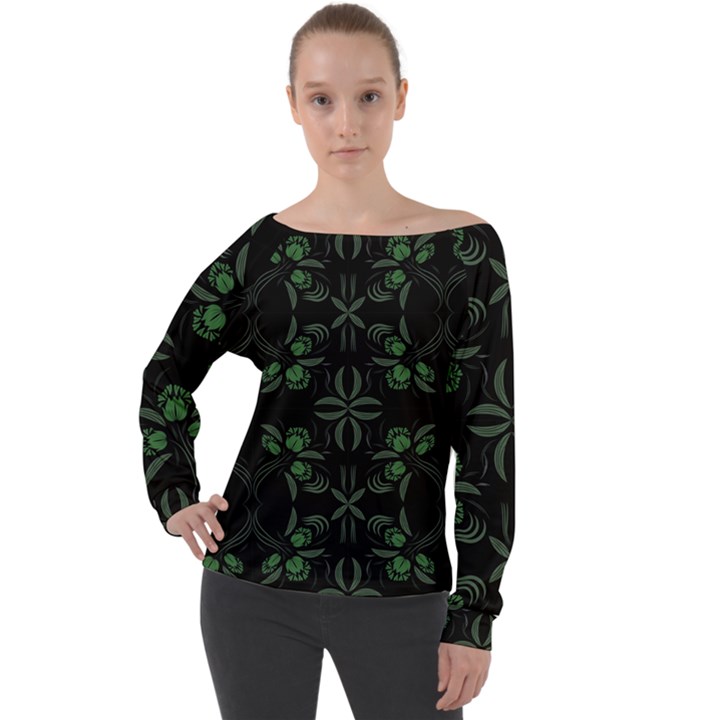 Folk flowers floral art print Flowers abstract art  Off Shoulder Long Sleeve Velour Top