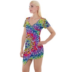 Rainbow Mushroom Mandala Short Sleeve Asymmetric Mini Dress by steampunkbabygirl