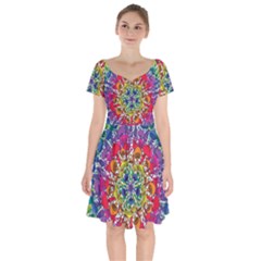 Rainbow Mushroom Mandala Short Sleeve Bardot Dress