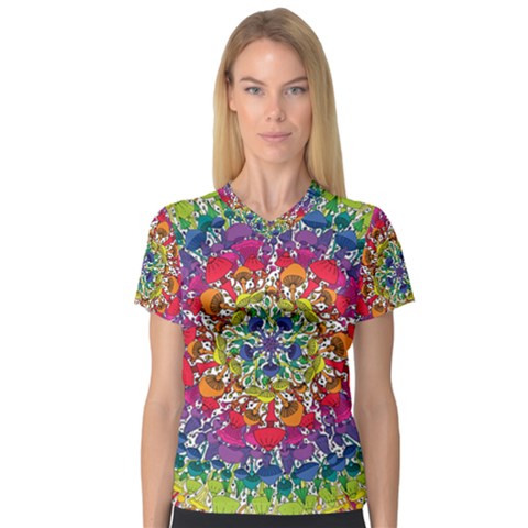 Rainbow Mushroom Mandala V-neck Sport Mesh Tee by steampunkbabygirl