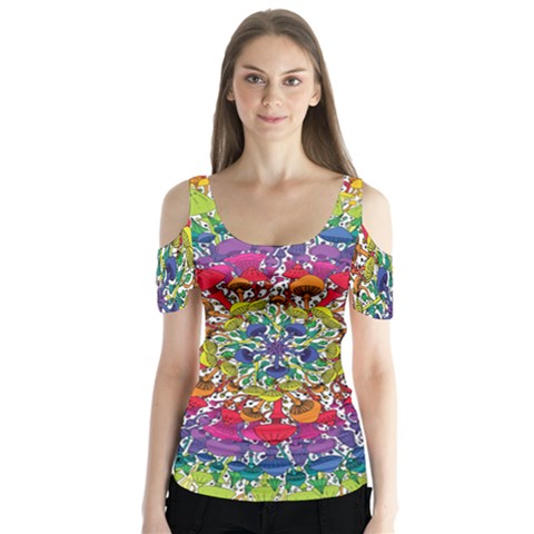 Rainbow Mushroom Mandala Butterfly Sleeve Cutout Tee  by steampunkbabygirl