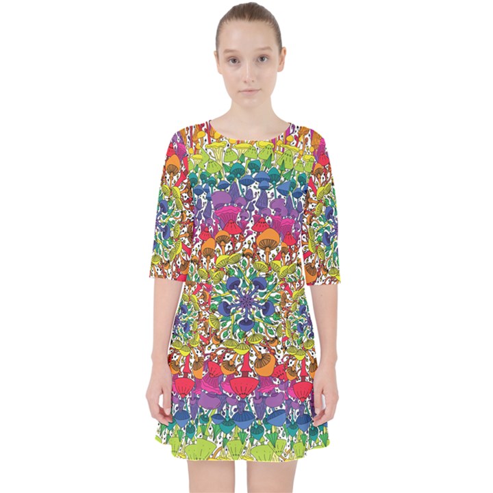 Rainbow Mushroom Mandala Quarter Sleeve Pocket Dress