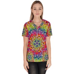 Rainbow Mushroom Mandala Women s V-neck Scrub Top