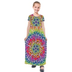 Rainbow Mushroom Mandala Kids  Short Sleeve Maxi Dress