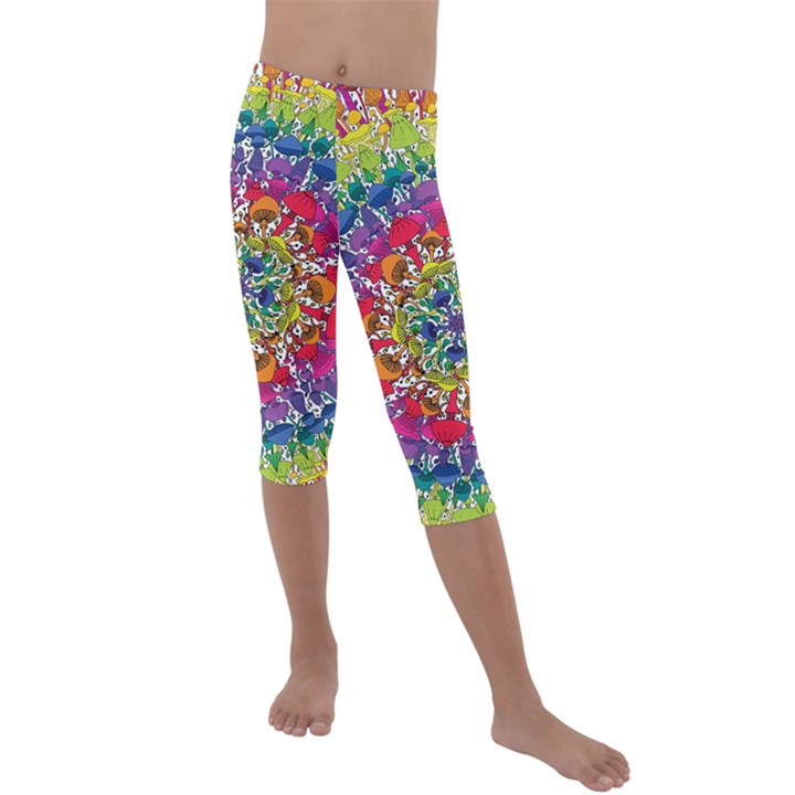 Rainbow Mushroom Mandala Kids  Lightweight Velour Capri Leggings 