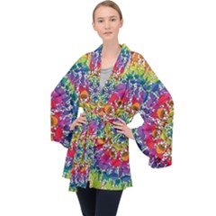 Rainbow Mushroom Mandala Long Sleeve Velvet Kimono  by steampunkbabygirl