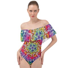 Rainbow Mushroom Mandala Off Shoulder Velour Bodysuit 