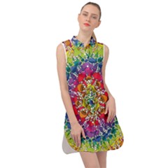 Rainbow Mushroom Mandala Sleeveless Shirt Dress