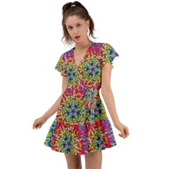 Rainbow Mushroom Mandala Flutter Sleeve Wrap Dress