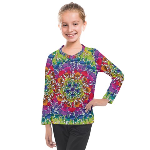 Rainbow Mushroom Mandala Kids  Long Mesh Tee by steampunkbabygirl