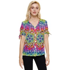 Rainbow Mushroom Mandala Bow Sleeve Button Up Top