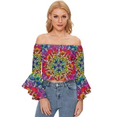 Rainbow Mushroom Mandala Off Shoulder Flutter Bell Sleeve Top