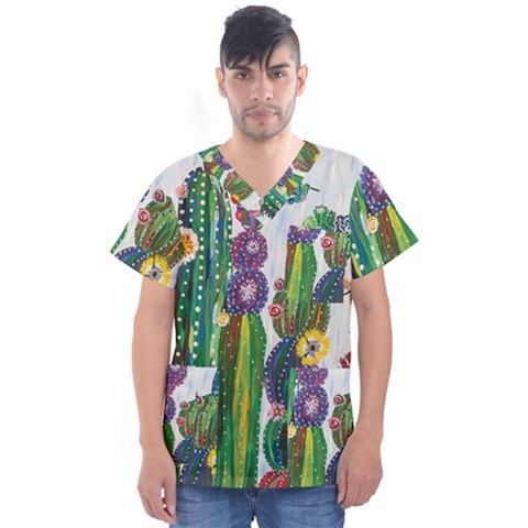 Rainbow Cactus Shirt Men s V-neck Scrub Top by steampunkbabygirl