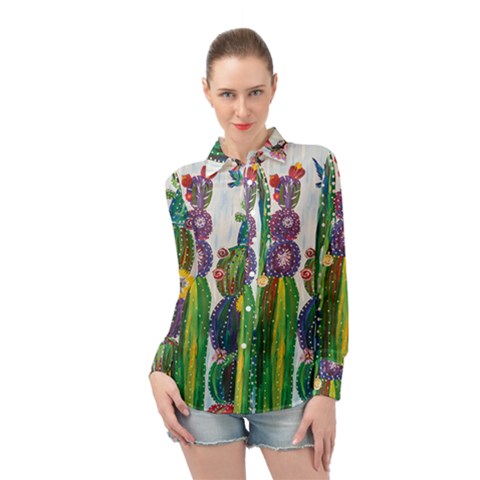 Rainbow Cactus Shirt Long Sleeve Chiffon Shirt by steampunkbabygirl