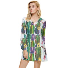 Rainbow Cactus Shirt Tiered Long Sleeve Mini Dress