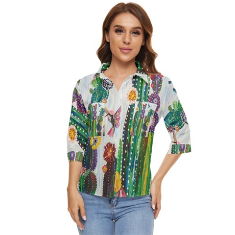 Rainbow Cactus Shirt Women s Quarter Sleeve Pocket Shirt by steampunkbabygirl