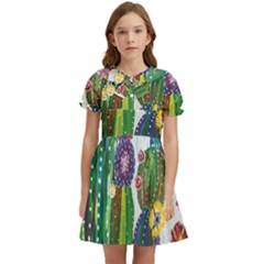 Rainbow Cactus Shirt Kids  Bow Tie Puff Sleeve Dress