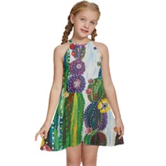 Rainbow Cactus Shirt Kids  Halter Collar Waist Tie Chiffon Dress