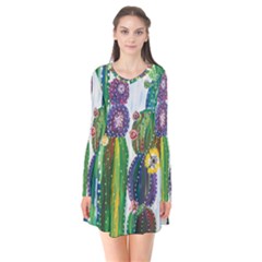 Rainbow Cactus Shirt Long Sleeve V-neck Flare Dress