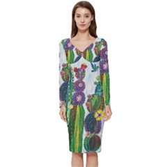 Rainbow Cactus Shirt Long Sleeve V-neck Bodycon Dress 