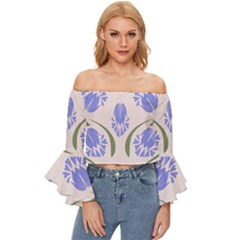 Folk Flowers Print Floral Pattern Ethnic Art Off Shoulder Flutter Bell Sleeve Top