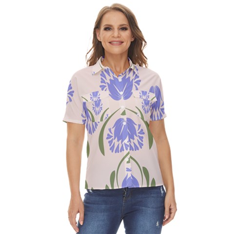 Folk Flowers Print Floral Pattern Ethnic Art Women s Short Sleeve Double Pocket Shirt by Eskimos