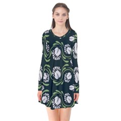 Folk Flowers Print Floral Pattern Ethnic Art Long Sleeve V-neck Flare Dress by Eskimos