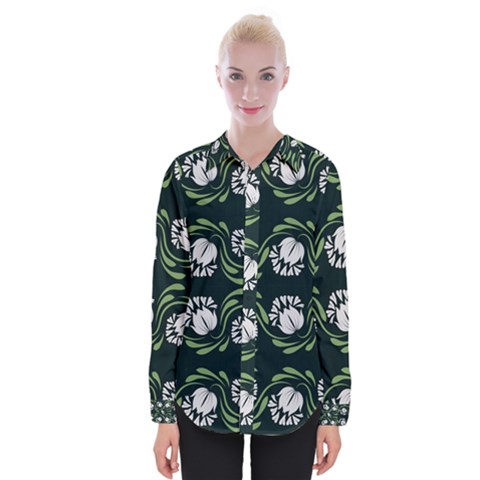 Folk Flowers Print Floral Pattern Ethnic Art Womens Long Sleeve Shirt by Eskimos