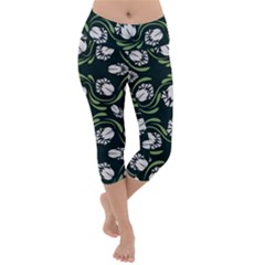 Folk Flowers Print Floral Pattern Ethnic Art Lightweight Velour Capri Yoga Leggings by Eskimos