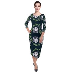 Folk Flowers Print Floral Pattern Ethnic Art Quarter Sleeve Midi Velour Bodycon Dress by Eskimos