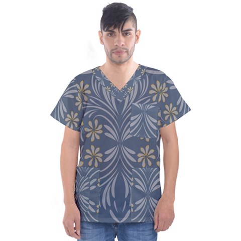 Folk Flowers Print Floral Pattern Ethnic Art Men s V-neck Scrub Top by Eskimos