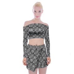 Black And Grey Rocky Geometric Pattern Design Off Shoulder Top With Mini Skirt Set