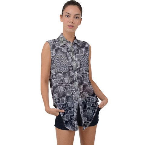 Black And Grey Rocky Geometric Pattern Design Sleeveless Chiffon Button Shirt by dflcprintsclothing